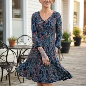 Maeve💐NWOT PRETTY MINI Navy PAISLEY Fit&Flare /ELASTIC WAIST Covered Buttons XS